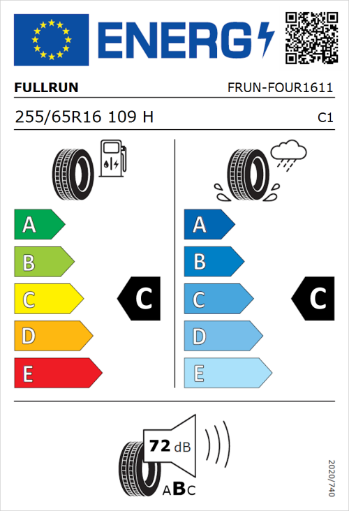 Tyre Label for Fullrun Frun-Four 255/65R16 109H